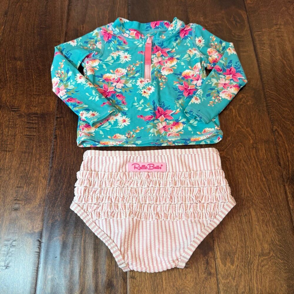 RuffleButts Fancy Me Floral Long Sleeve Rash Guard Swimsuit size 18-24 Months